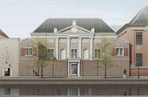 Een impressie tekening van de voorgevel van Museum de Lakenhal te Leiden na de restauratie